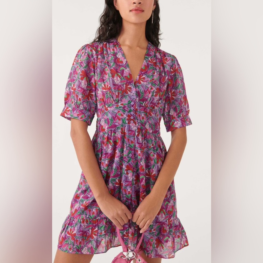 BA&SH Purple Floral Print Aniela V-Neck Button Front Smocked Mini- NEW